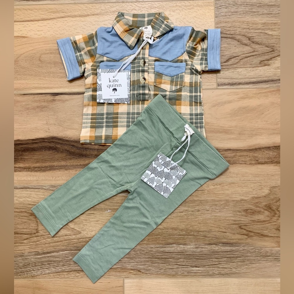 NWT Bamboo Ranch Plaid Cowboy Tee and Oil Green Leggings, 3-6, Kate Quinn